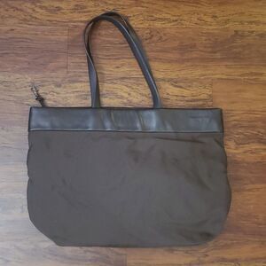 Tumi Large Brown Chic Edgy Feminine Travel Work Nylon Canvas Leather Trim Tote